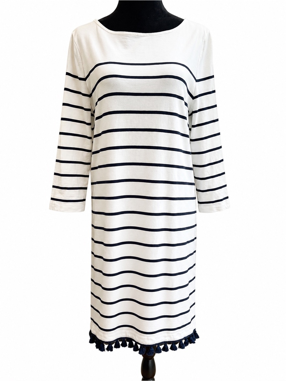 Hobbs London Black & White Striped Fringe Hem Knit Dress – Women’s Size 10